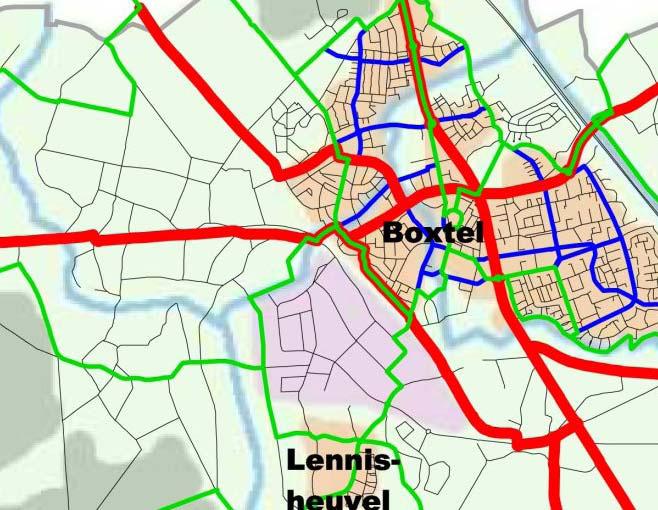 Figuur 5.2: Fietsnetwerk zoals opgenomen in het GVVP van Boxtel (rood = regionaal fietsnetwerk; groen = recreatief fietsnetwerk).