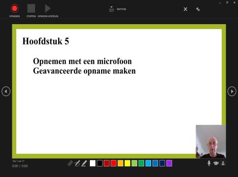 Klik op het tabblad Diavoorstelling verder op de knop Diavoorstelling opnemen en kies Opnemen vanaf begin (zie afbeelding) b.