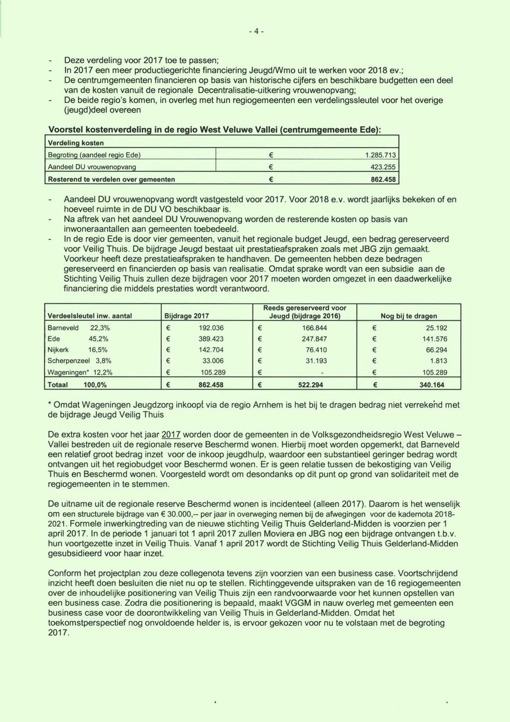 -4- Deze verdeling voor 2017 toe te passen; In 2017 een meer productiegerichte financiering Jeugd/Wmo uit te werken voor 2018 ev.