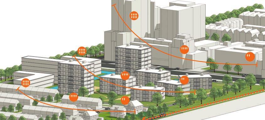 D De stadswijk heeft langs de risicobron een park waar mensen recreëren. Dit park dient als buffer tussen de risicobron en de woningen.