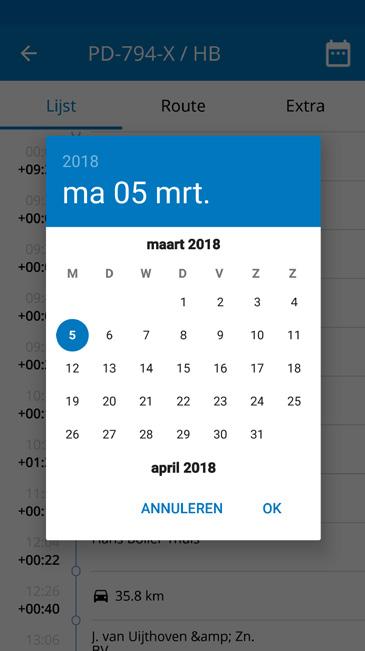 Kalender (Extra per voertuig) In het taken- en berichtenscherm is er de mogelijkheid om via de kalender een andere datum te selecteren.
