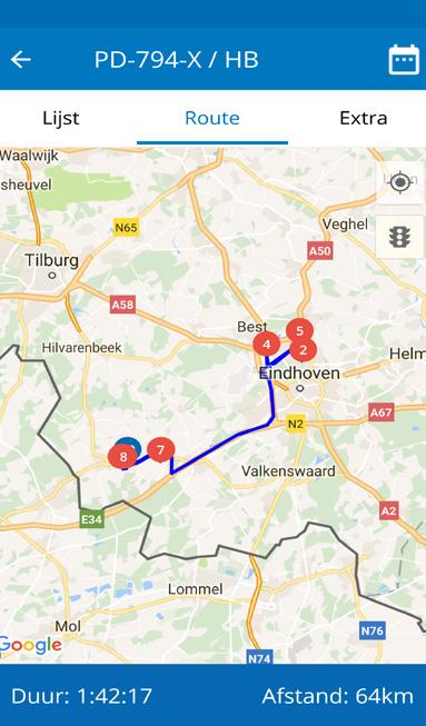 Route per voertuig Route: Hier ziet u de reeds afgelegde route en de actuele locatie. Daarnaast is de totale duur en afstand inzichtelijk.