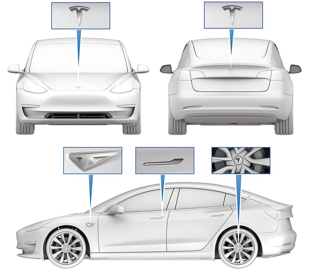 BADGES EN PORTIERGREPEN BADGES EN PORTIERGREPEN Model 3 kunnen worden herkend aan de Tesla badgesen unieke vorm van de portiergrepen.