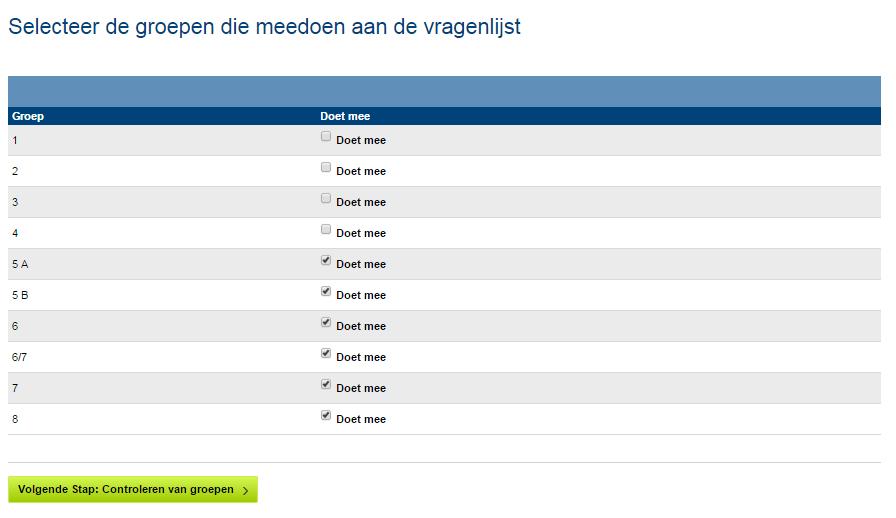 Stap 5: Selecteer groepen Selecteer de groepen die meedoen aan de afname van de vragenlijst door deze aan te vinken. Normaal gesproken zijn dit de groepen 5 t/m 8.