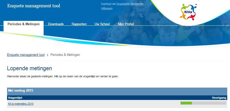 5. Voortgang monitoren Nadat u de meting heeft gestart en er vragenlijsten zijn afgenomen bij (de) leerling(en), kunt u de voortgang van de meting monitoren.