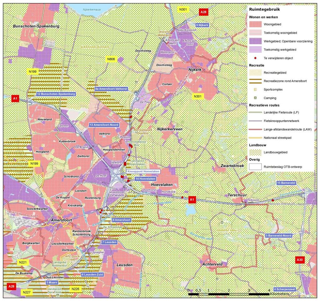 Afbeelding 41 Ruimtegebruik 14.1 Wonen en werken Het project A28/A1 knooppunt Hoevelaken grenst aan verschillende steden en dorpen, met bijbehorende woon- en werkgebieden.