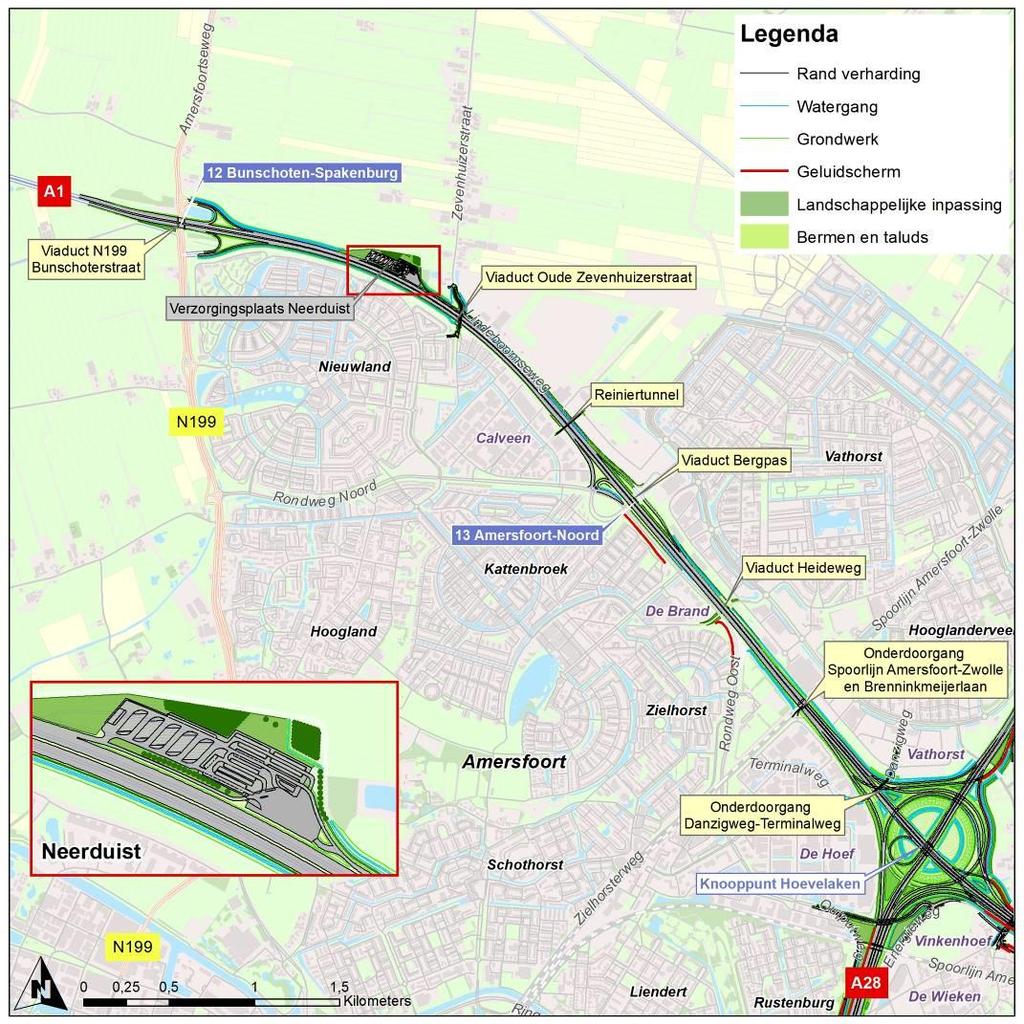 Aansluitingen Binnen het wegvak A1-West liggen twee aansluitingen. Aansluiting 12 Bunschoten- Spakenburg en 13 Amersfoort-Noord.