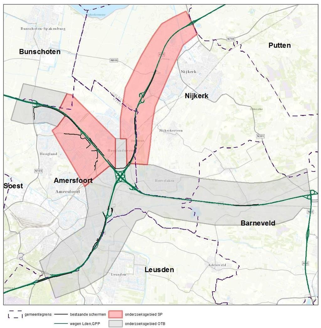 Afbeelding 25 Bereik saneringsplan (rood gearceerde gebieden) Bovenwettelijke geluidmaatregelen Met de gemeenten Amersfoort en Nijkerk zijn in het kader van BOK 2 bestuurlijke afspraken gemaakt over