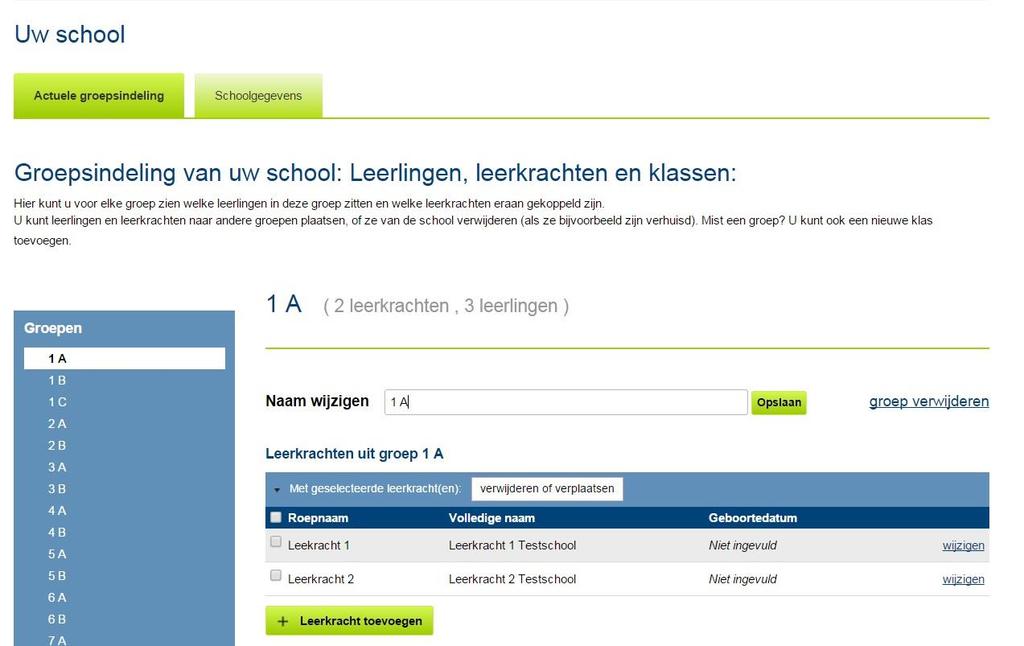 Tussenstap: Groepsnaam wijzigen U kunt de groepsnaam wijzigen door naar de tab Uw School te gaan en vervolgens in het linker menu op de groep te klikken waarvan u de naam wilt wijzigen.