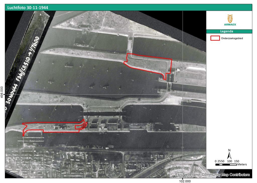 Afbeelding 13. De onderzoeksgebieden zichtbaar op een luchtfoto uit 1944.