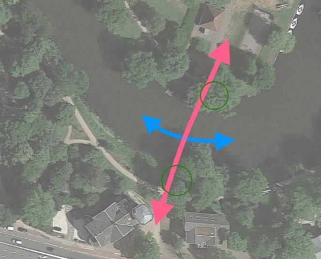 Knelpunt 2: Schotersingel / Dolhuysbrug Breedte brug: 6,55 m Afstand tussen bomen noordzijde: 6,23 m Wensen/eisen omgeving (knelpunt specifiek) Behoud bomen; Geen voet-/fietspad onder de kruinen van