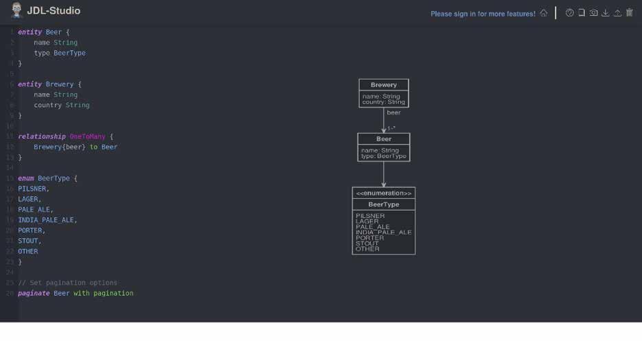 Fig. 2 JDL Studio Het datamodel kan d.m.v. JDL Studio gedownload worden (dit is een textfile met de jhextensie, waarbij de inhoud gelijk is aan de tekst aan de linkerkant van bovenstaand plaatje).