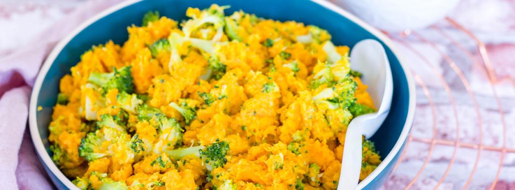 Zoete aardappel-broccolistamp met een Indiaas tintje Moeilijkheid: Normaal Voorbereidingstijd: 10 min Kooktijd: 25 min 5 g (12%) 12 g (13%) 12 g (13%) 15 g (16%) 373