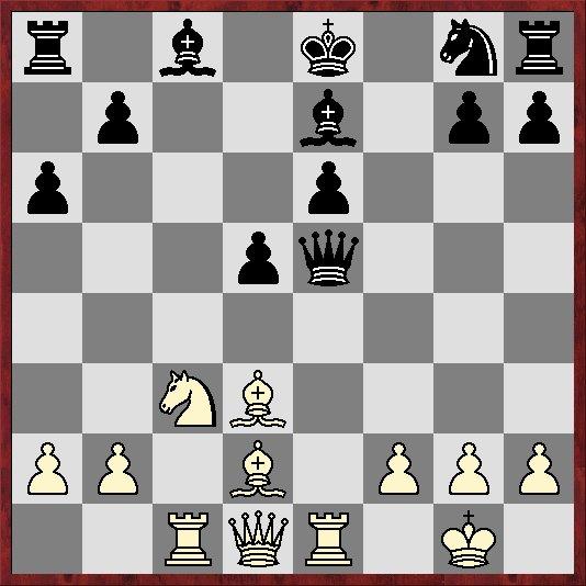 Door zijn onorthodoxe openingsbehandeling is zwart achtergebleven in ontwikkeling. Wim heeft net een pion op e5 geofferd om dat te benadrukken. Df6?! Dd6 15.Pa4 op weg naar b6 e5?
