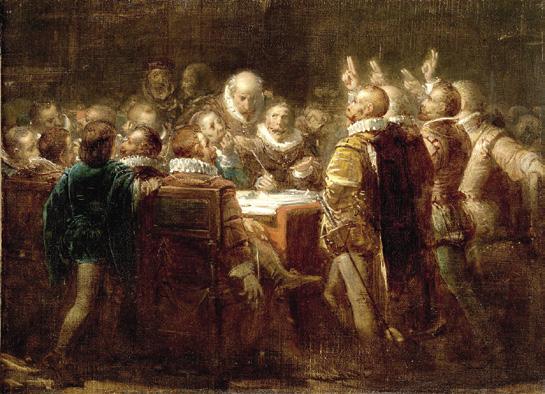 Getrouw tot in de dood 5. Hier zie je een schilderij over een gebeurtenis in 1581. Bekijk het schilderij en beantwoord de vragen. b. Wat was de reden dat Filips II niet langer als vorst erkend werd?