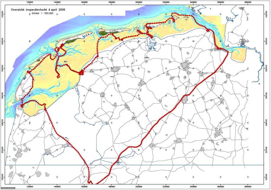 Figuur 2.8: RWS inspectievlucht van 4 april 2005. Bij alle vluchten worden de volgende mitigerende maatregelen genomen om mogelijke verstoring te voorkomen (Nb-wetvergunning 2006): 1.