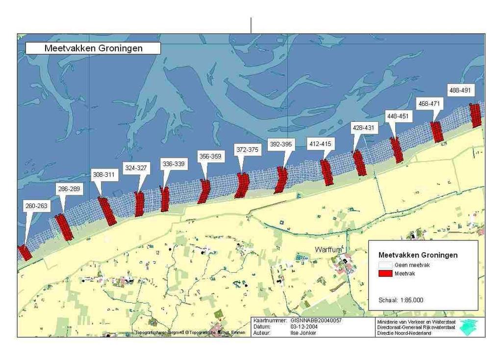 Figuur 3.2: Overzicht van meetvakken kwelders Groningse kust (RWS-DNN). De legger omvat nu de dammen 41-500.