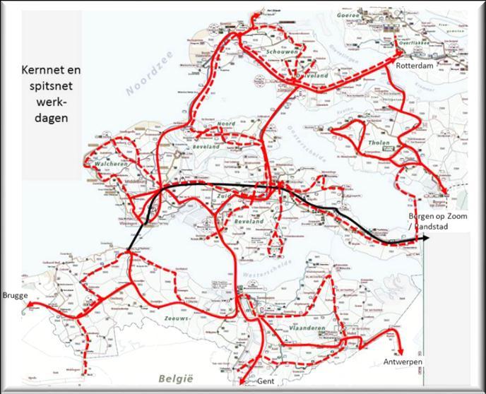 4.4 Schets van kernnet, spitsnet en scholierennet Op basis van de huidige gebruiksgegevens op ritniveau en de verwachte ontwikkelingen die invloed hebben op de vraag naar OV (o.a. demografie) is een globale schets gemaakt van het netwerk van kernlijnen en aanvullende spits- en scholierenlijnen voor de nieuwe concessie vanaf 2015.