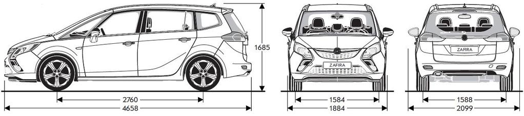 TECHNISCHE SPECIFICATIES OPEL ZAFIRA TOURER BUITENAFMETINGEN in mm Lengte 4,657 Breedte met uitgeklapte / ingeklapte buitenspiegels 1.884 / 2.