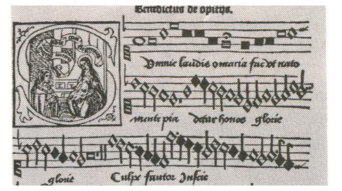 Neumenschrift met 5 lijnen van Guido van Arezzo. Dit is het eerste stuk wat wij gaan spelen met een andere maatsoort. Tot nu toe hebben we alleen nog maar gespeeld met de vierkwartsmaat.