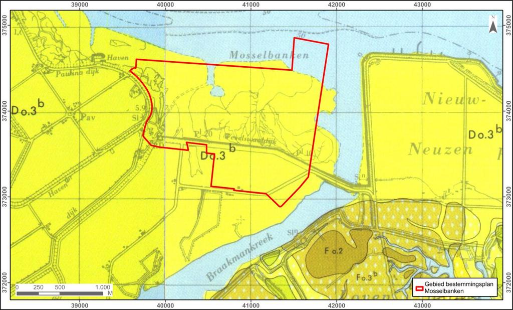 Figuur 8. Ligging van het BP Mosselbanken op een uitsnede van de Geologische kaart van Nederland (Van Rummelen 1977). Het gehele plangebied bestaat uit groene zone met code DO.