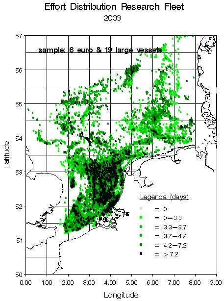 Page 12 of 36 RIVO report C083/04 Figure 2. Effort (left) and hp-effort (right) distribution of the research fleet in 2003.