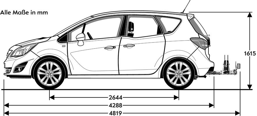 Technische specificaties Opel Meriva Business+ 5-deurs BUITENAFMETINGEN in mm Lengte 4.288 Breedte met uitgeklapte / ingeklapte buitenspiegels 1.992 / 1.812 Hoogte (leeggewicht) 1.615 Wielbasis 2.