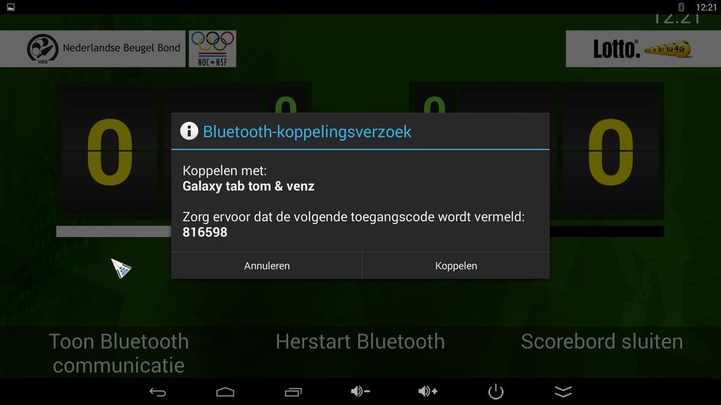 Figuur 3.5 Scorebord app Bluetooth-koppelingsverzoek Indien het koppelingsverzoek niet op de TV wordt getoond, is deze waarschijnlijk in de achtergrond beschikbaar en niet zichtbaar.