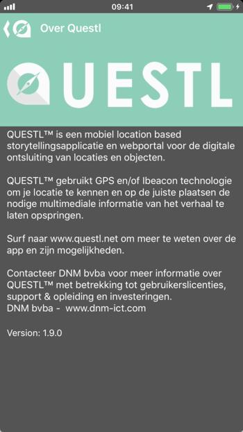 Over Questl De 'Over Questl' optie laat informatie zien over het product Questl en gegevens om contact op