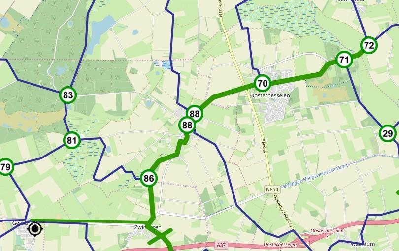 Deel 3, via knooppunten weer naar de B&B Vanaf Knooppunt 72 naar 71, 70, 88 (U komt in Gees langs Talenti waar ze heerlijk ijs