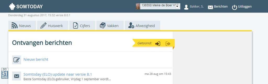 Uitloggen Rechtsboven De tabbladen: Nieuws, Huiswerk, Cijfers, Vakken, Afwezigheid Nieuws Hier vindt u diverse nieuwsberichten. Als er bijvoorbeeld een cijfer is ingevoerd, wordt dit hier getoond.