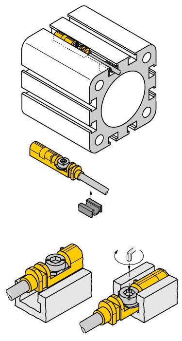 Inbouwinstructies / Beschrijving Montagehandleiding De sensor kan d.m.v. het voorbevestigingslipje met één hand van bovenuit in de gleuf worden geplaatst.