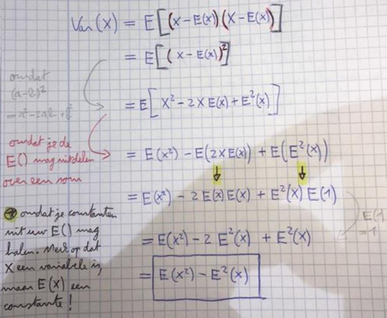 E(XY) = E(X)E(Y) + Cov(X, Y) o De verwachting van het product van 2 afhankelijke toevalsvariabelen = het product van de verwachtingen van 2 toevalsvariabelen + de covariantie van 2 toevalsvariabelen