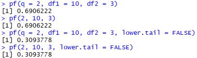 - In R gebruiken we de functies pf en qf die hetzelfde werken als pnorm en qnorm pf(q =, df1 =, df2 = ): berekent de kans/oppervlakte langs links onder een F-verdeling met een gegeven aantal