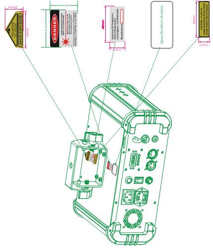 Waarschuwingslabels Laser Installatie Stroomvoorziening: De is uitgevoerd met een elektronische ballast die zich automatisch instelt op de juiste netspanning wanneer de op de netspanning wordt