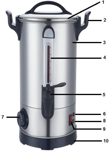 Pagina 4/5 5. Onderdeelbeschrijving 1 Deksel 2 Handvat 3 Reservoir 4 Waterpeil 5 Tapkraan 6 Rode controle lamp 7 Thermostaat bediening 8 Groene controle lamp 9 Aan-/uitschakelaar 10 Kunststofbodem 6.