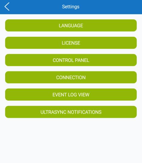 Als deze instelling is ingesteld op Auto, gebruikt de applicatie de taal van uw apparaat (indien beschikbaar). Licentie Toont de UltraSync-licentieovereenkomst voor eindgebruikers (EULA).