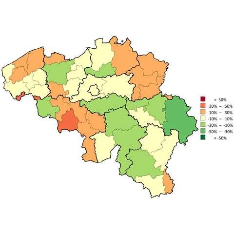 Op deze kaart van België worden de arrondissementsgrenzen met fijne lijnen en de provinciegrenzen met dikke lijnen afgebakend.