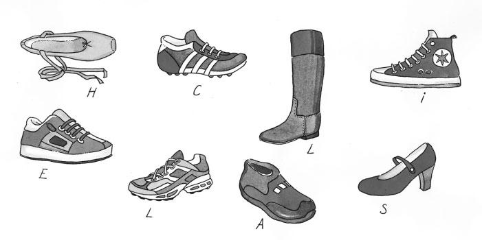 6 a Zet achter iedere sport hieronder de letter van de schoen die erbij hoort.