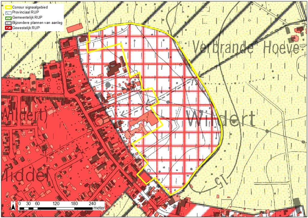 Figuur: situering signaalgebied op gewestplan met aanduiding van goedgekeurde BPA s en RUP s en weergave van de bebouwingstoestand volgens het Grootschalig Referentiebestand GRB.