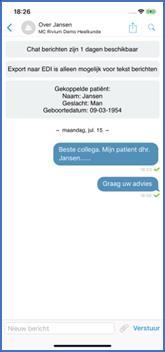In de nieuwe chat conversatie wordt bovenin het scherm een systeem bericht weergegeven. In deze melding staan de gegevens van de gekoppelde patiënt.