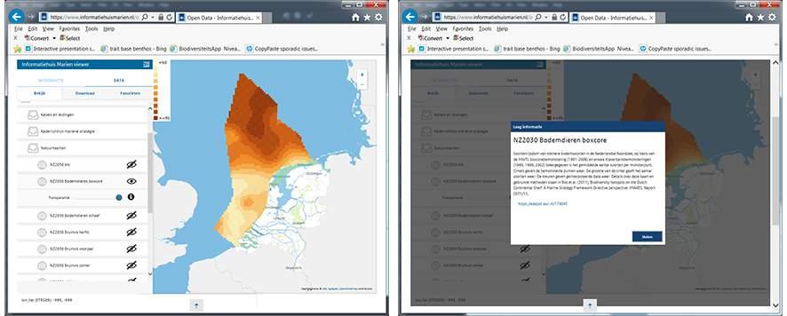 Figuur 3. Informatiehuis Marien: voorbeeld van kaartlagen (links) en toelichting onder het i - knopje (rechts) (https://www.informatiehuismarien.nl/open-data/). Tabel 1.