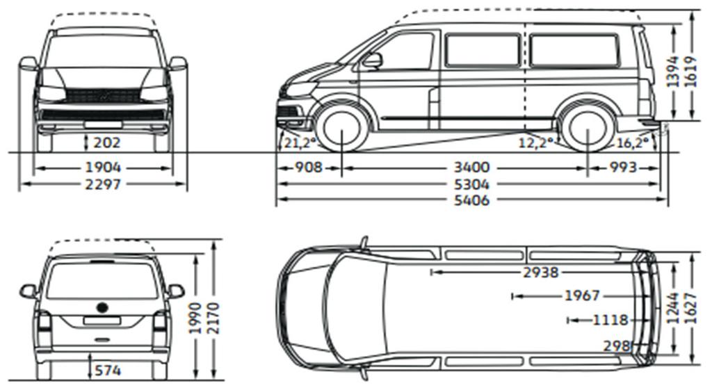 473 x 1299 Draaicirkel (m) 11,9 Transporter Kombi lange wielbasis met normaal dak.* Laadruimte, Oppervlakte (m2) 5.