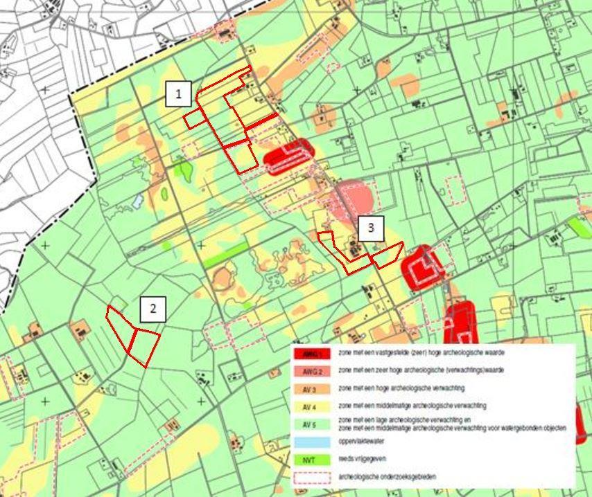 Beleidskaart bij gemeentelijk archeologiebeleid Brummen met aanduiding plangebied (rode lijn) Toetsing Het plangebied ligt gedeeltelijk in een zone met een middelmatige archeologische verwachting (AV