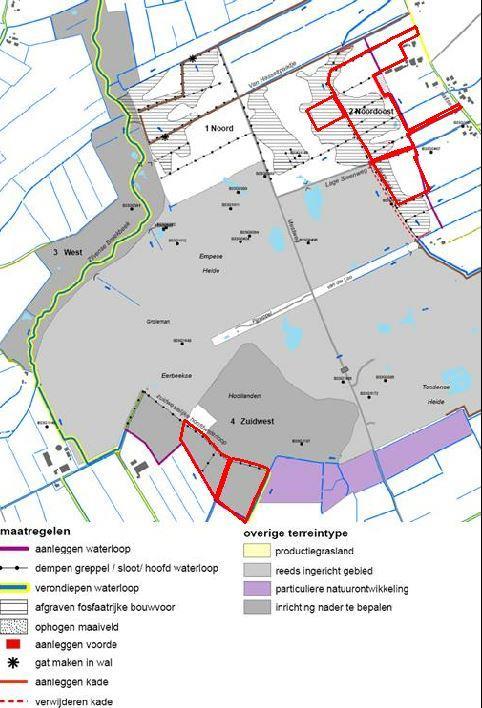 Maatregelenkaart met globale begrenzing plangebied (rode lijn), bron: concept inrichtingsplan d.d. januari 2016 In de omgeving van deelgebied 1 zien de maatregelen op het verleggen van de Veldbeek en het verhogen van de drainage basis.