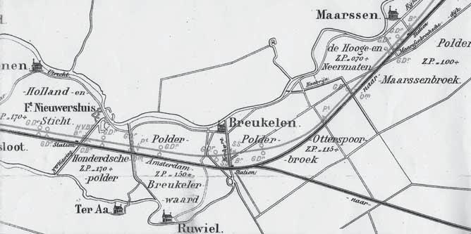 Afb. 4. Kaartuitsnede van het Merwedekanaal tussen Loenen en Zuilen met twee overtooms (Om); een bij de Haarrijn (zie de foto) en een bij de Stadswetering ten zuiden van Nieuwersluis.