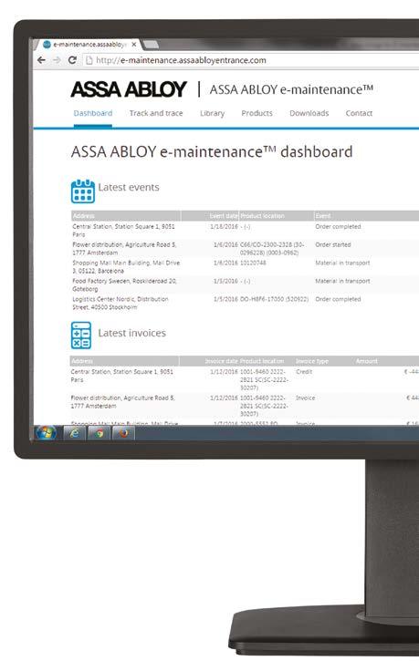Realtime inzicht in al uw automatische toegangsoplossingen 24/7 beschikbaar Met ASSA ABLOY e-maintenance heeft u op elk moment en vanaf elke locatie toegang tot onderhoudsinformatie over uw