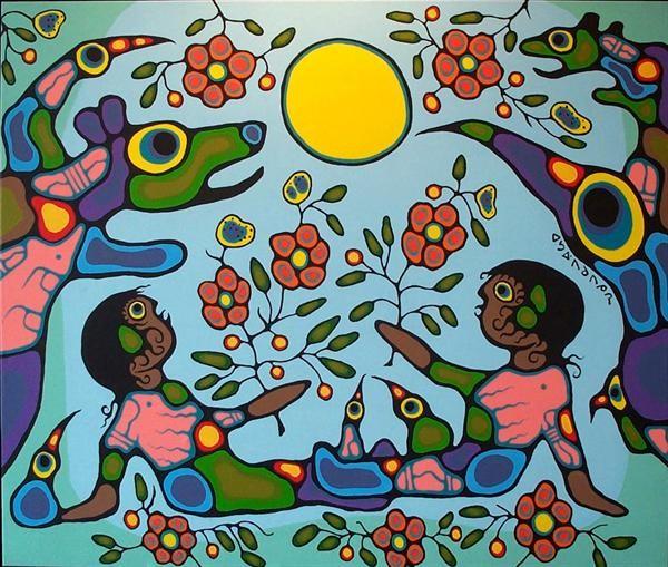 Norval Morrisseau: Heavenly Twins Give Gift of Life Wanneer de tweeling geamuseerd wilden worden voerde Animosh allerlei kunstjes uit om hen bezig te houden.