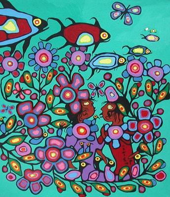 Norval Morrisseau: Children See Dreams De prachtige wezens fladderden eerst vrolijk in de rondte, dansend in de wind, voordat ze uiteindelijk op de schouders van Trilstaart neerstreken.