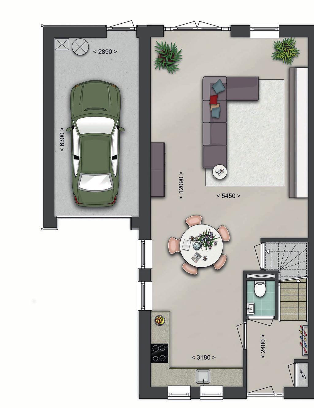 Hal met toilet en trap naar de verdiepingen Ruime living inclusief keuken van 54 m 2 met openslaande deuren naar de tuin Complete keukeninrichting met AEG apparatuur Aangebouwde garage Een deur in de